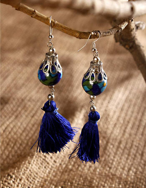 Blue Pottery Bead With Tassel Earring (Blue)